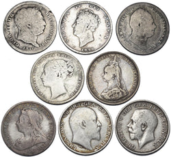 1816 - 1918 Shillings Lot (8 Coins) - British Silver Coins - Different Types