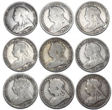 1893 - 1901 Shillings Lot (9 Coins) - Victoria British Silver Coins - Date Run