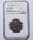 1773 Halfpenny (NGC AU 58 BN) - George III British Copper Coin - Very Nice