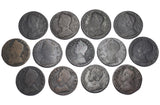 1730 - 1752 Halfpennies Lot (13 Coins) - George II British Copper Coins