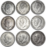 1911 - 1919 Halfcrowns Lot (9 Coins) - George V British Silver Coins - Date Run