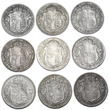 1911 - 1919 Halfcrowns Lot (9 Coins) - George V British Silver Coins - Date Run