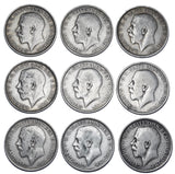 1911 - 1919 Florins Lot (9 Coins) - George V British Silver Coins - Date Run