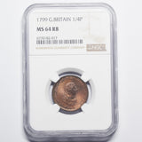 1799 Farthing (NGC MS 64 RB) - George III British Copper Coin - Superb