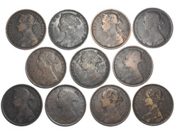 1884 - 1894 Pennies Lot (11 Coins) - Victoria British Bronze Coins - Date Run