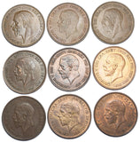 1927 - 1936 Better Grade Pennies Lot (9 Coins) - George V British Bronze Coins