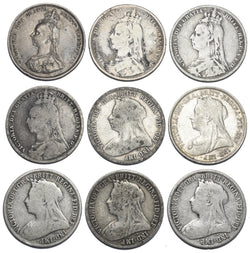 1887 - 1899 Shillings Lot (9 Coins) - Victoria British Silver Coins