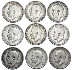 1911 - 1919 Shillings Lot (9 Coins) - George V British Silver Coins - Date Run