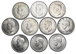 1942 - 1946 High Grade Silver Shillings Lot (10 Coins, Both Types)