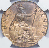 1911 Halfpenny (NGC MS 64 RB) - George V British Bronze Coin - Superb