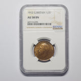 1912 Halfpenny (NGC AU 58 BN) - George V British Bronze Coin - Very Nice