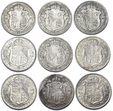 1911 - 1919 Halfcrowns Lot (9 Coins) - George V British Silver Coins - Date Run