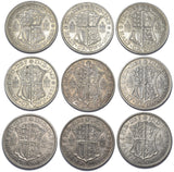 1928 - 1936 Better Grade British Silver Halfcrowns Lot (9 Coins) - Date Run