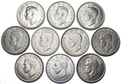 1937 - 1946 High Grade British Silver Halfcrowns Lot (10 Coins) - Date Run