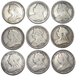 1893 - 1901 Florins Lot (9 Coins) - Victoria British Silver Coins - Date Run