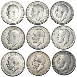 1911 - 1919 Florins Lot (9 Coins) - George V British Silver Coins - Date Run