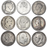 1817 - 1915 Shillings Lot (9 Coins) - British Silver Coins - All Different Types