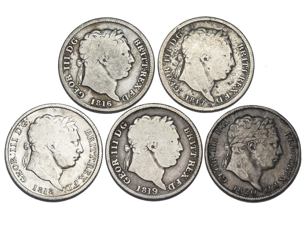 1816 - 1820 Shillings Lot (5 Coins) - George III British Silver Coins - Date Run