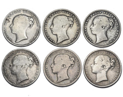 1864 - 1869 Shillings Lot (6 Coins) - Victoria British Silver Coins - Date Run