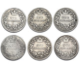 1864 - 1869 Shillings Lot (6 Coins) - Victoria British Silver Coins - Date Run