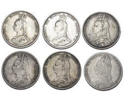 1887 - 1892 Shillings Lot (6 Coins) - Victoria British Silver Coins - Date Run