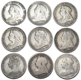 1893 - 1901 Shillings Lot (9 Coins) - Victoria British Silver Coins - Date Run