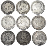 1893 - 1901 Shillings Lot (9 Coins) - Victoria British Silver Coins - Date Run