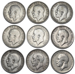 1911 - 1919 Shillings Lot (9 Coins) - George V British Silver Coins - Date Run