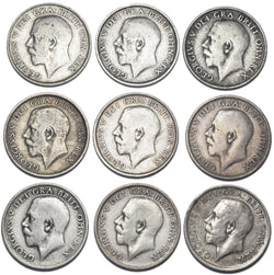 1911 - 1919 Shillings Lot (9 Coins) - George V British Silver Coins - Date Run