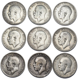 1911 - 1919 Shillings Lot (9 Coins) - George V British Silver Coins - Date Run