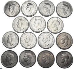 1937 - 1951 High Grade British Silver English Shillings Lot (15 Coins)