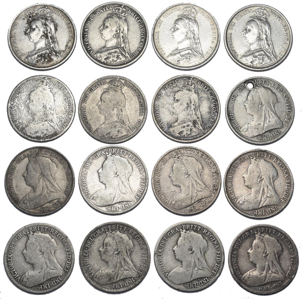 1887 - 1901 Sixpences Lot (16 Coins) - Victoria British Silver Coins - Date Run