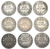 1893 - 1901 Sixpences Lot (9 Coins) - Victoria British Silver Coins - Date Run