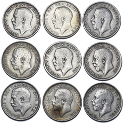 1911 - 1919 Shillings Lot (9 Coins) - George V British Silver Coins - Date Run