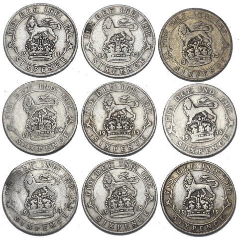 1911 - 1919 Sixpences Lot (9 Coins) - George V British Silver Coins ...