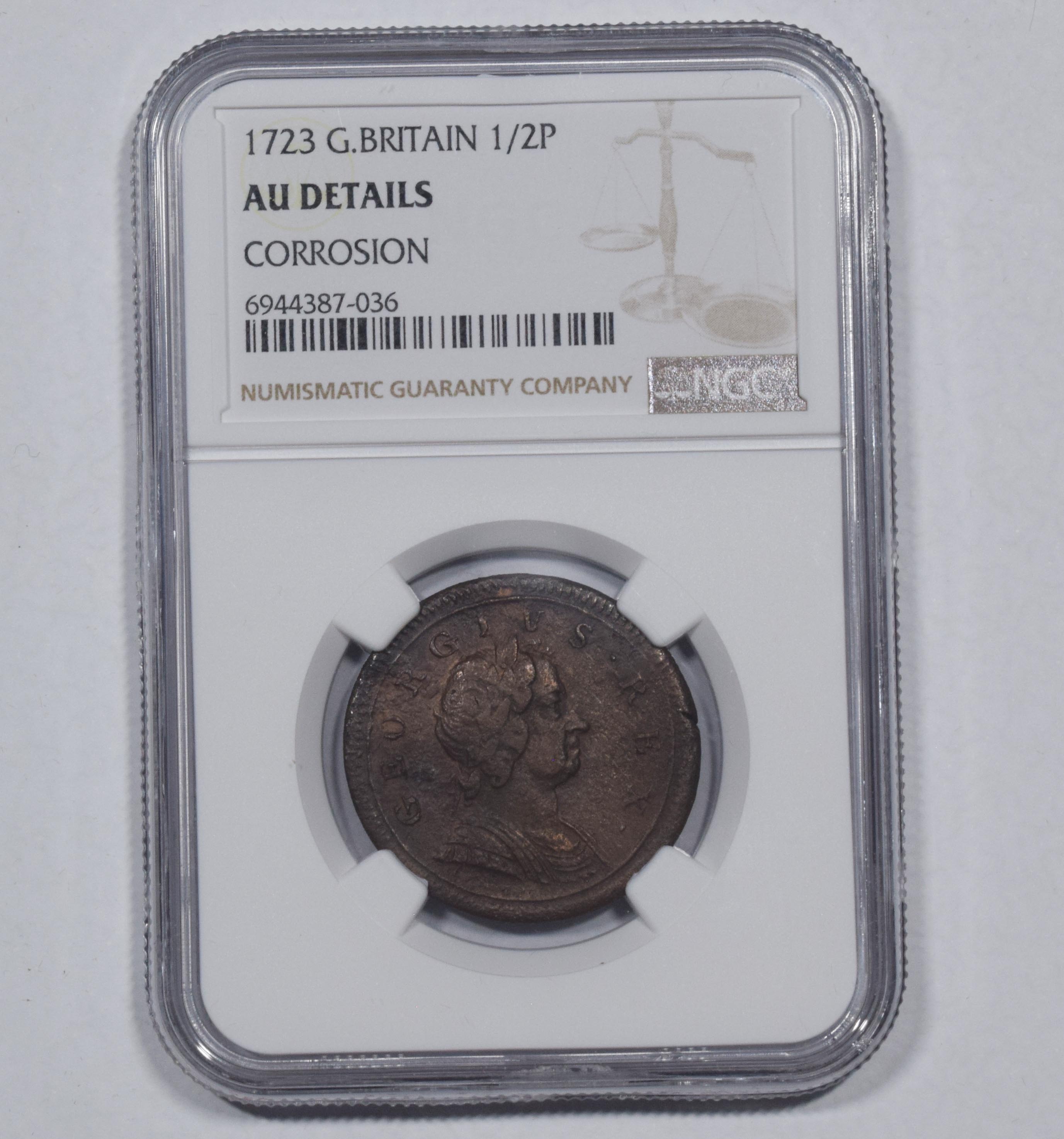 1723 Halfpenny NGC AU Details Corrosion George I British