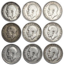 1911 - 1919 Shillings Lot (9 Coins) - George V British Silver Coins - Date Run