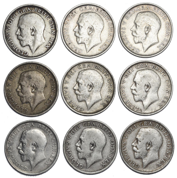 1911 - 1919 Shillings Lot (9 Coins) - George V British Silver Coins - Date Run